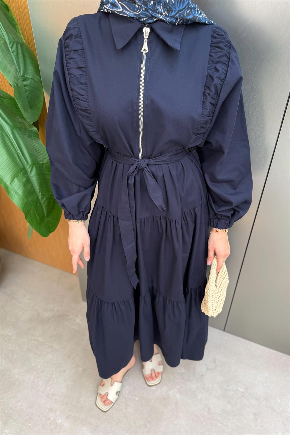 Zippered Balloon Sleeve Dress - Navy Blue