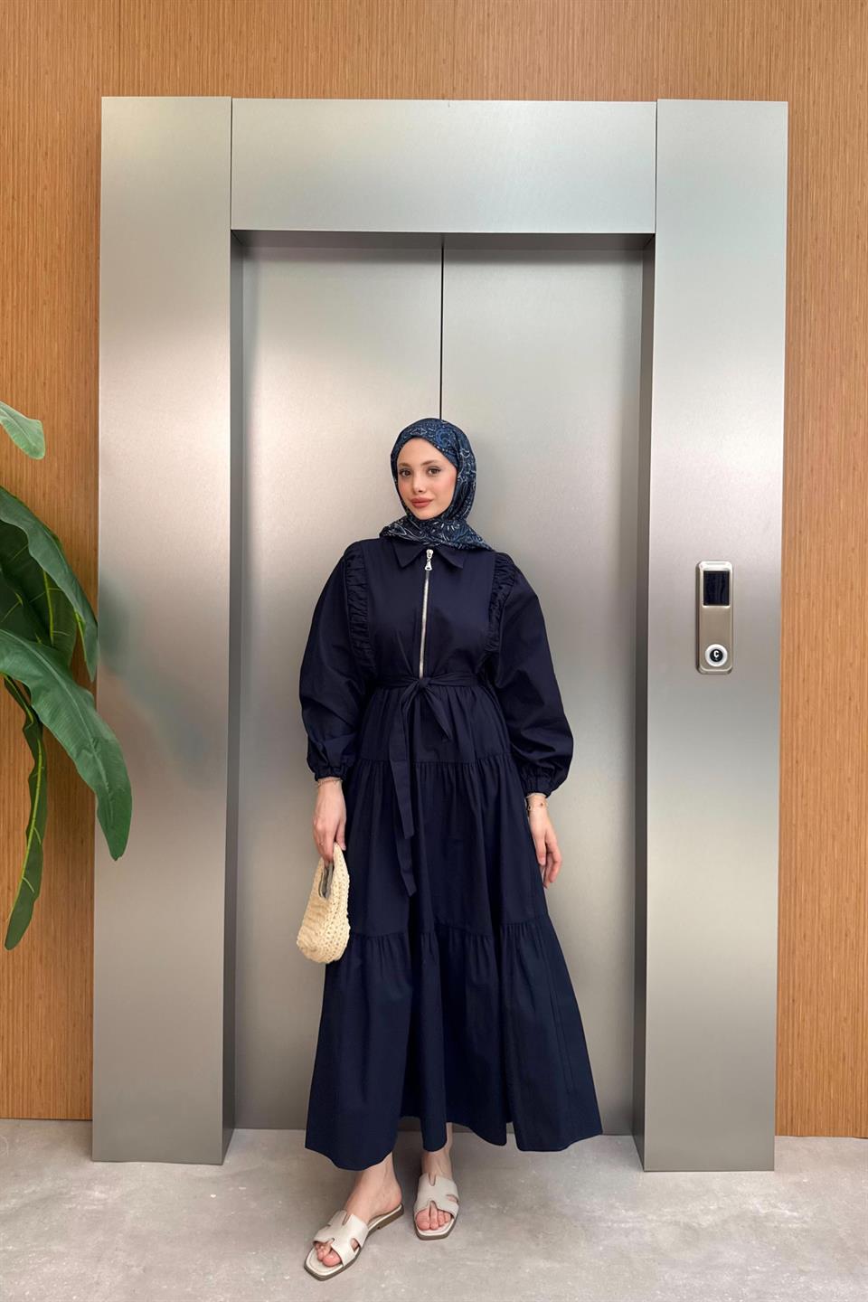 Zippered Balloon Sleeve Dress - Navy Blue