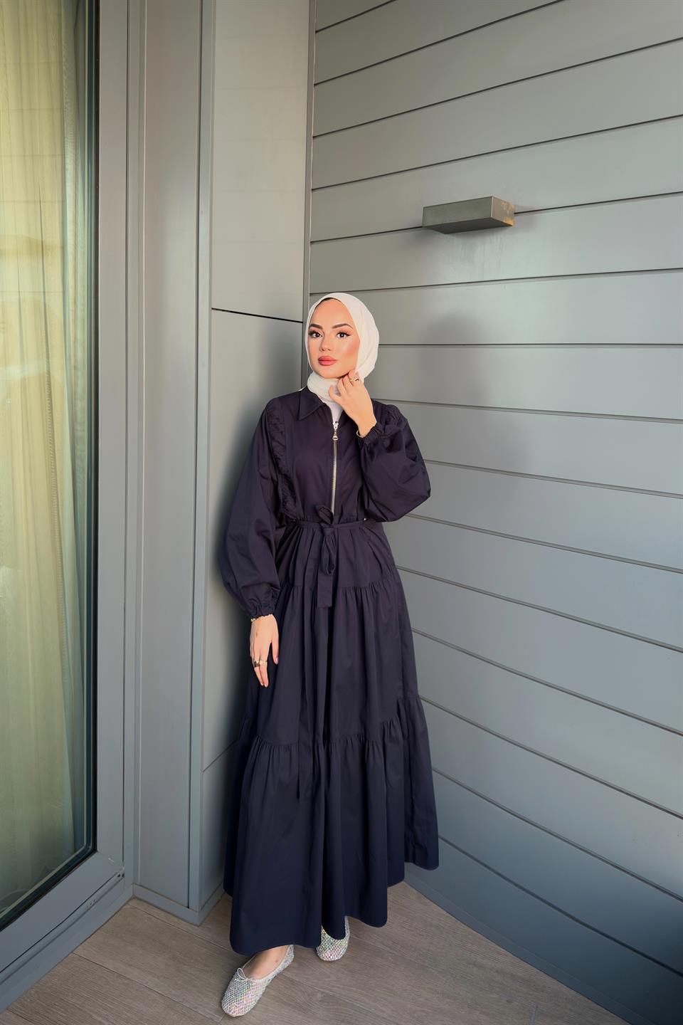 Zippered Balloon Sleeve Dress - Navy Blue