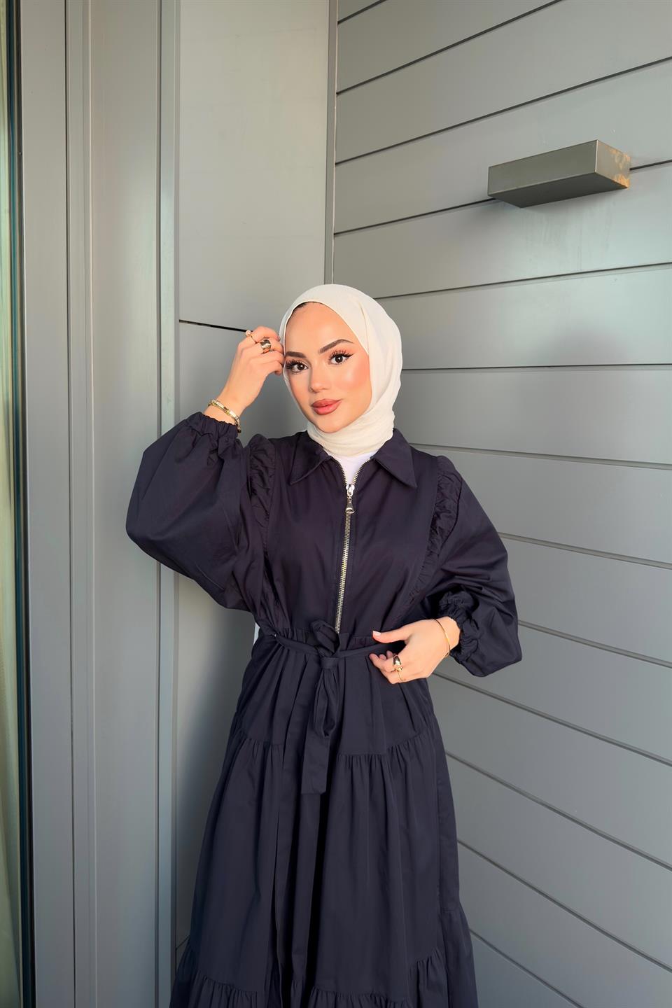 Zippered Balloon Sleeve Dress - Navy Blue