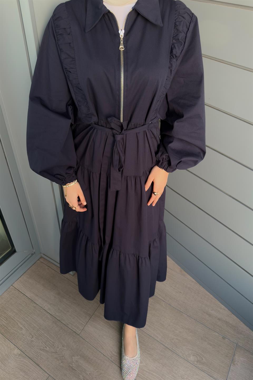 Zippered Balloon Sleeve Dress - Navy Blue