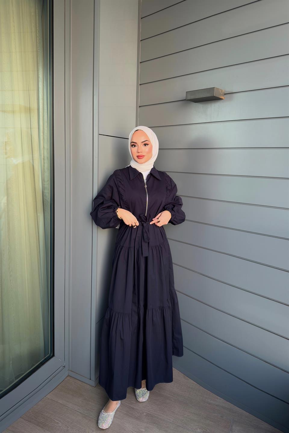 Zippered Balloon Sleeve Dress - Navy Blue