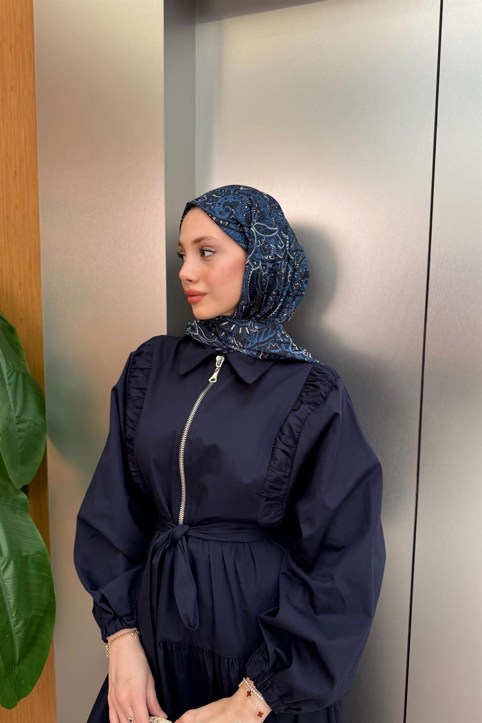 Zippered Balloon Sleeve Dress - Navy Blue