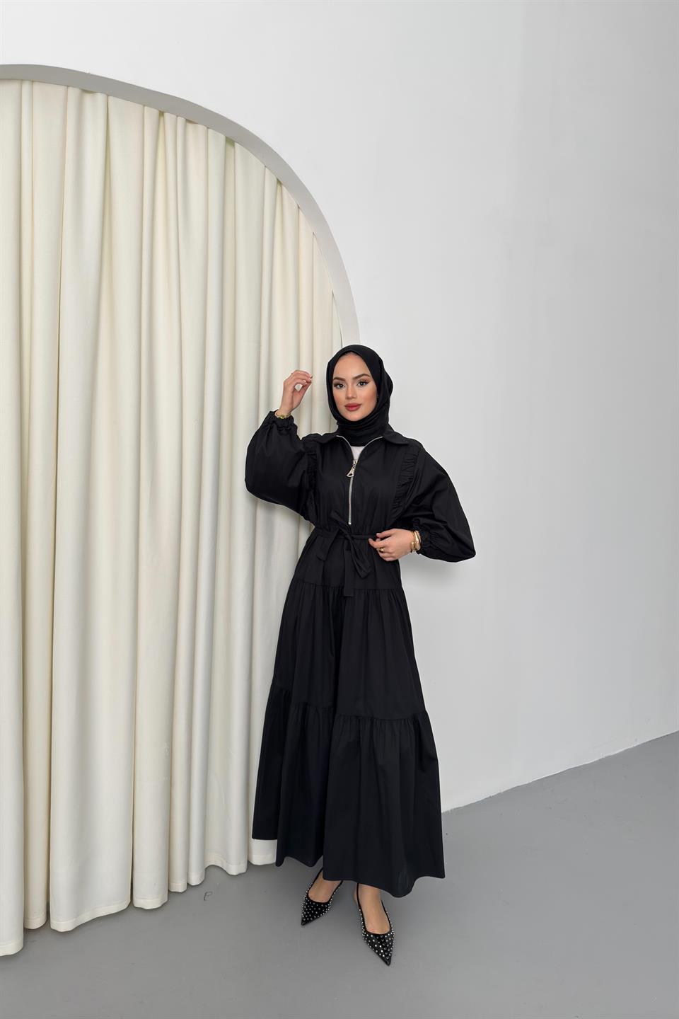 Zippered Balloon Sleeve Dress - Black