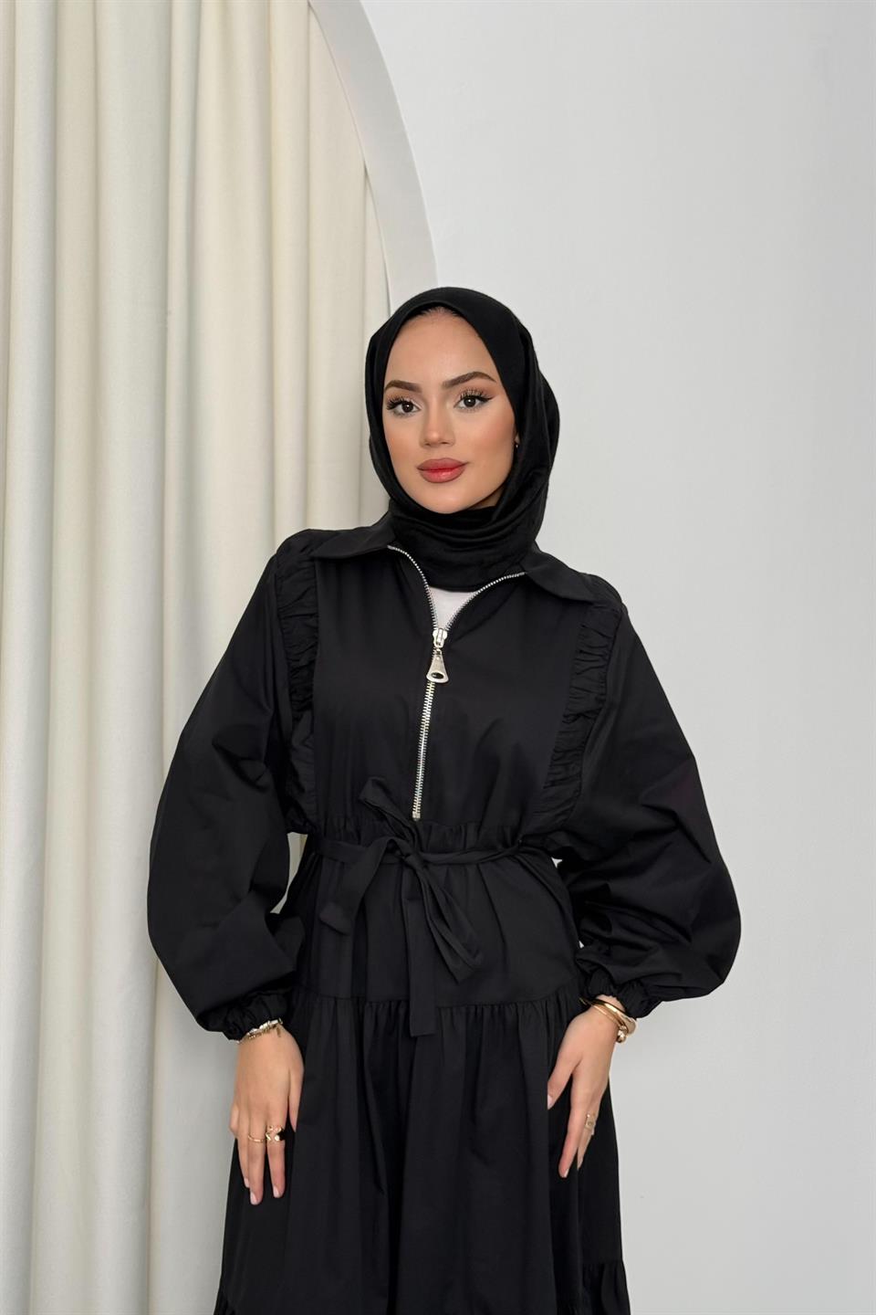 Zippered Balloon Sleeve Dress - Black