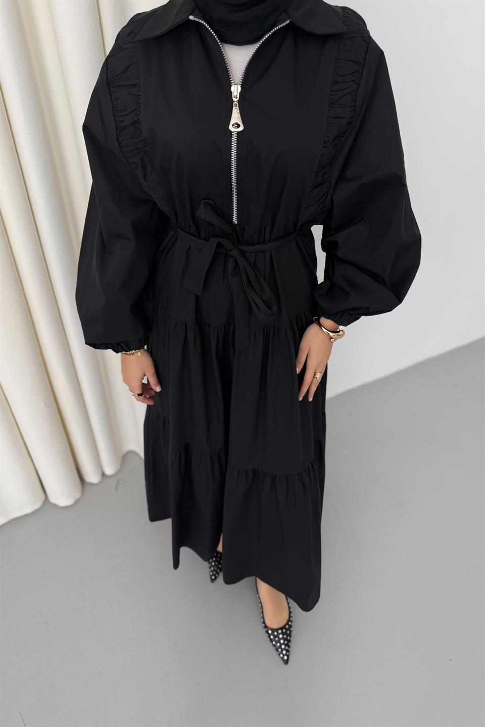 Zippered Balloon Sleeve Dress - Black