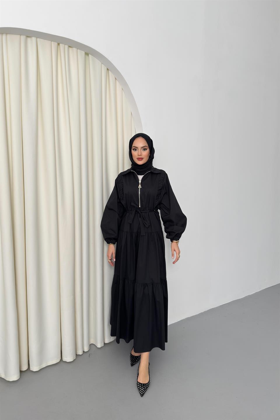 Zippered Balloon Sleeve Dress - Black