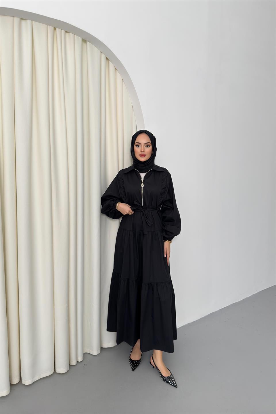 Zippered Balloon Sleeve Dress - Black