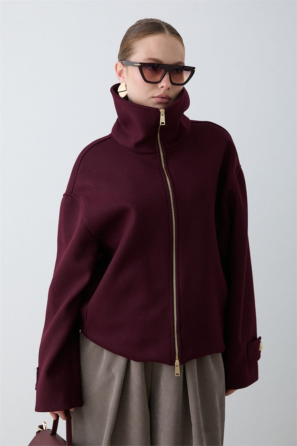 Fermuarlı Kaşe Ceket - Bordo