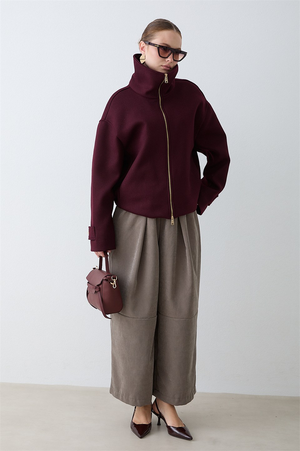 Fermuarlı Kaşe Ceket - Bordo