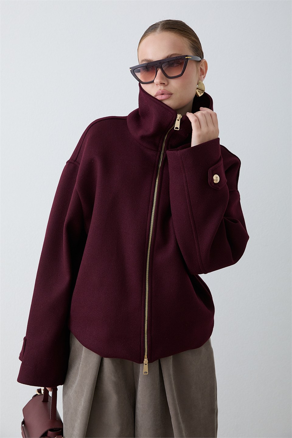 Fermuarlı Kaşe Ceket - Bordo