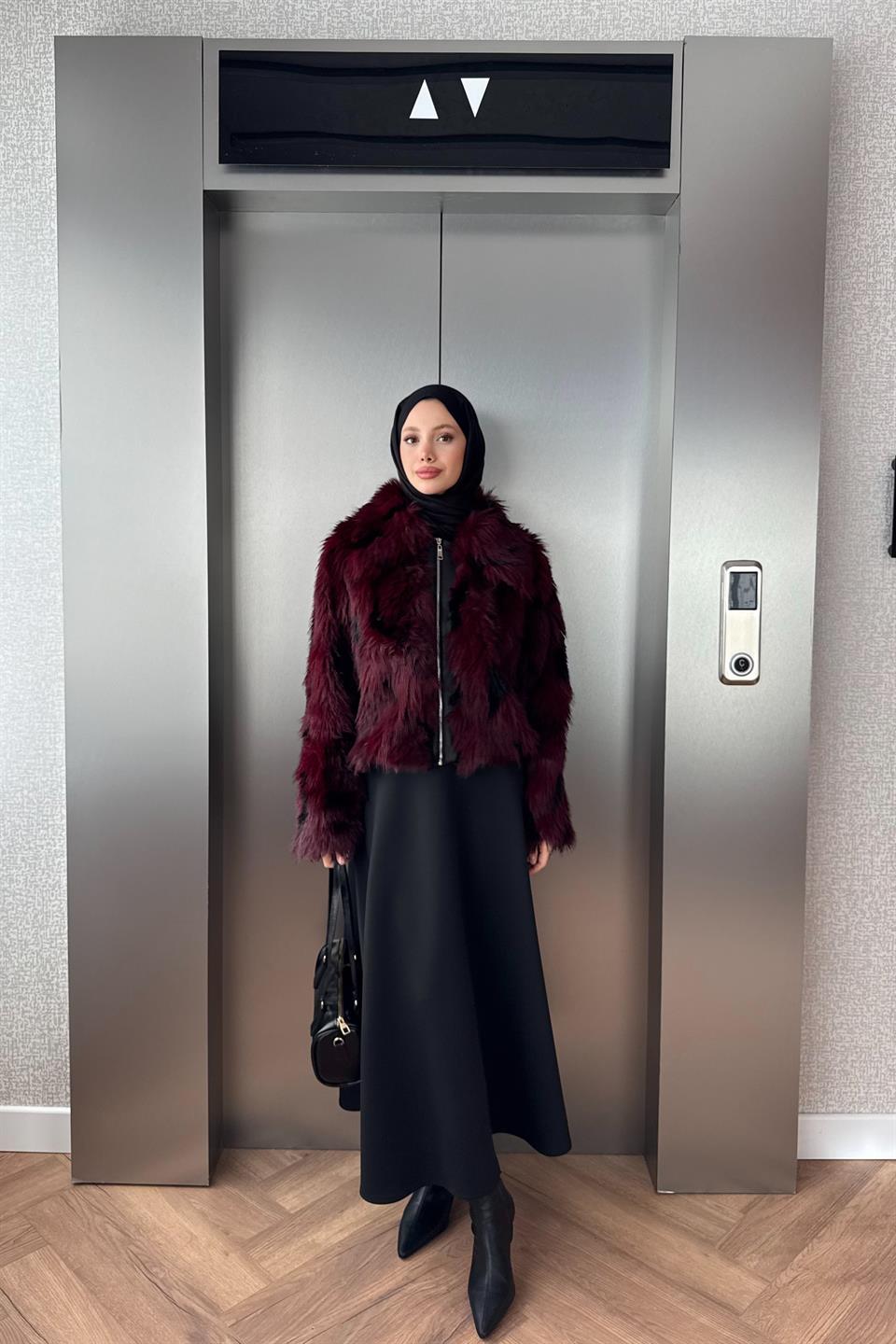 Fermuarlı Kürk Mont - Bordo
