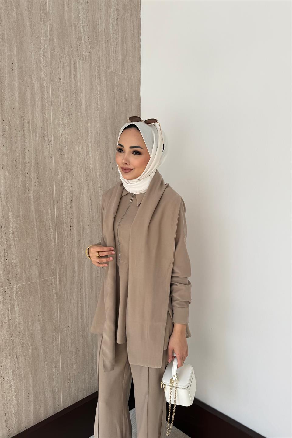 Fermuarlı Modal Pantolonlu Takım - Bej