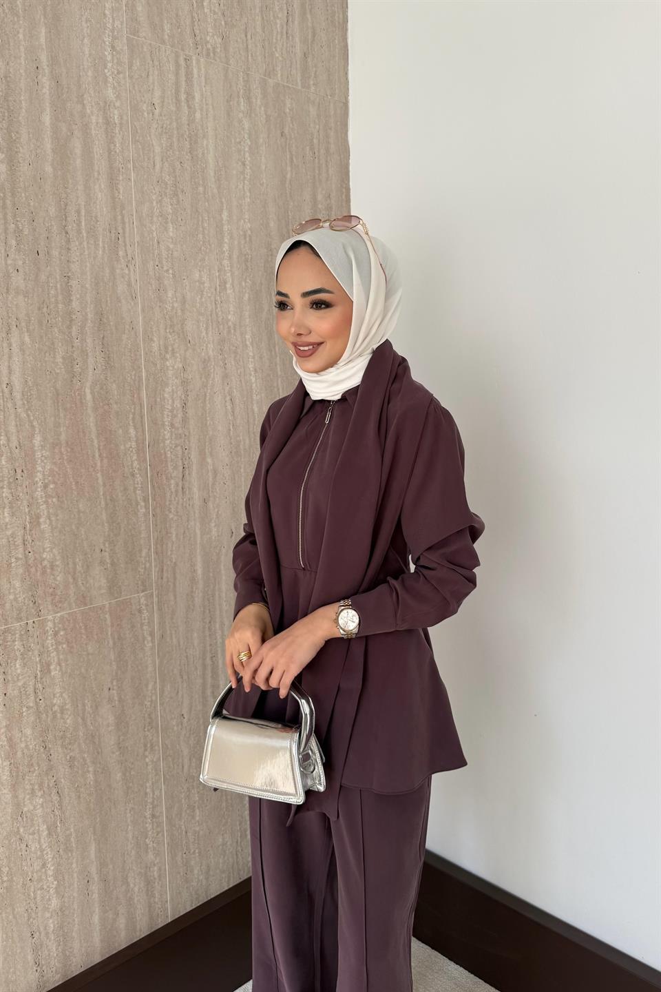 Fermuarlı Modal Pantolonlu Takım - Mürdüm