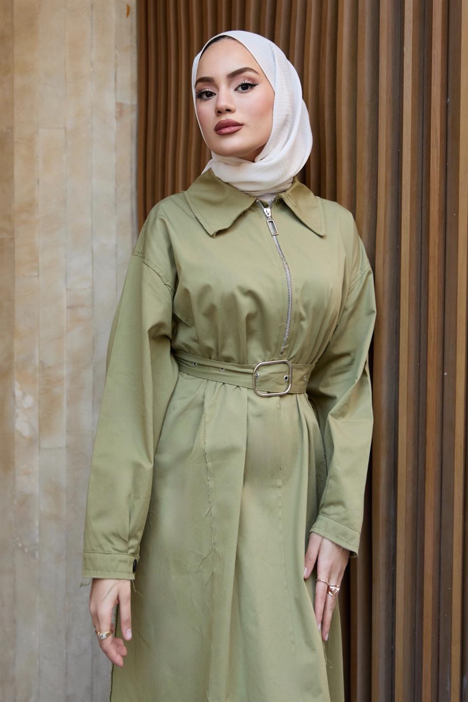 Fermuarlı Oversize Elbise - Haki