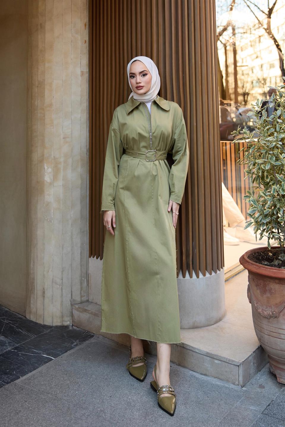 Fermuarlı Oversize Elbise - Haki