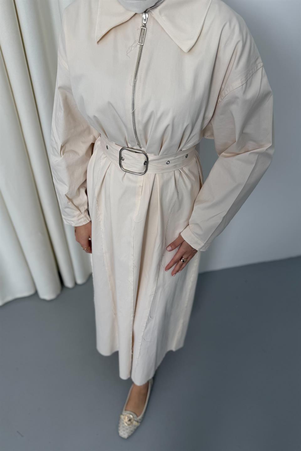 Fermuarlı Oversize Elbise - Krem