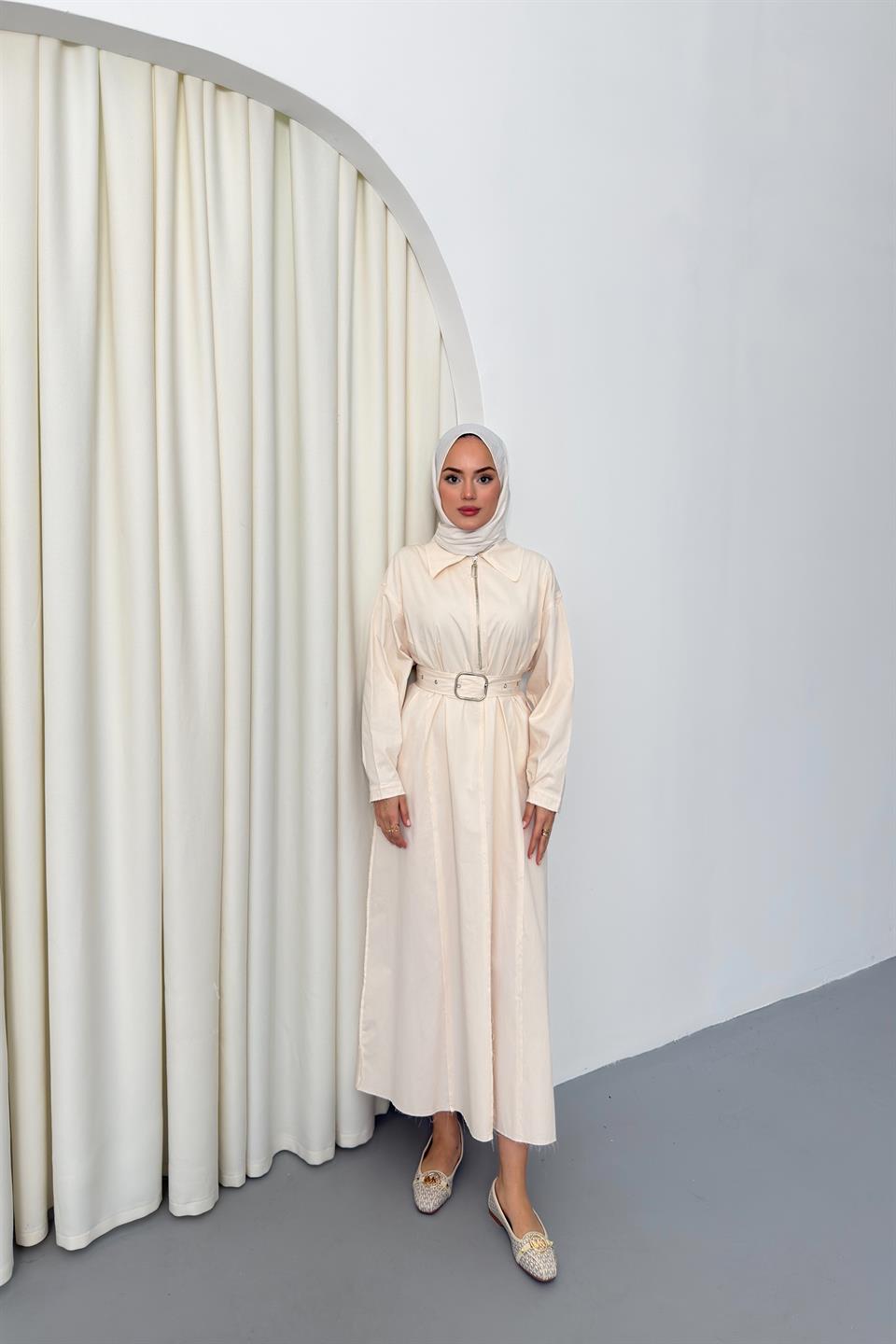 Fermuarlı Oversize Elbise - Krem