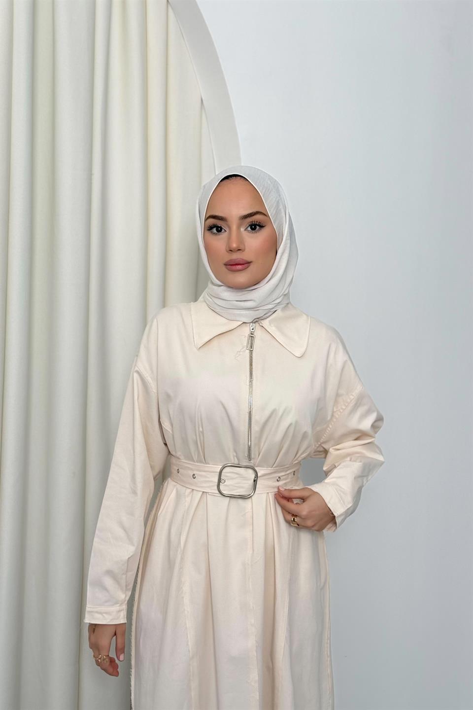Fermuarlı Oversize Elbise - Krem
