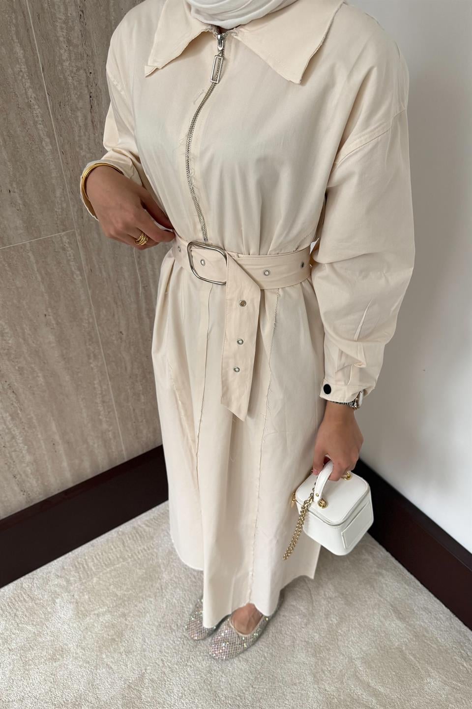 Fermuarlı Oversize Elbise - Krem