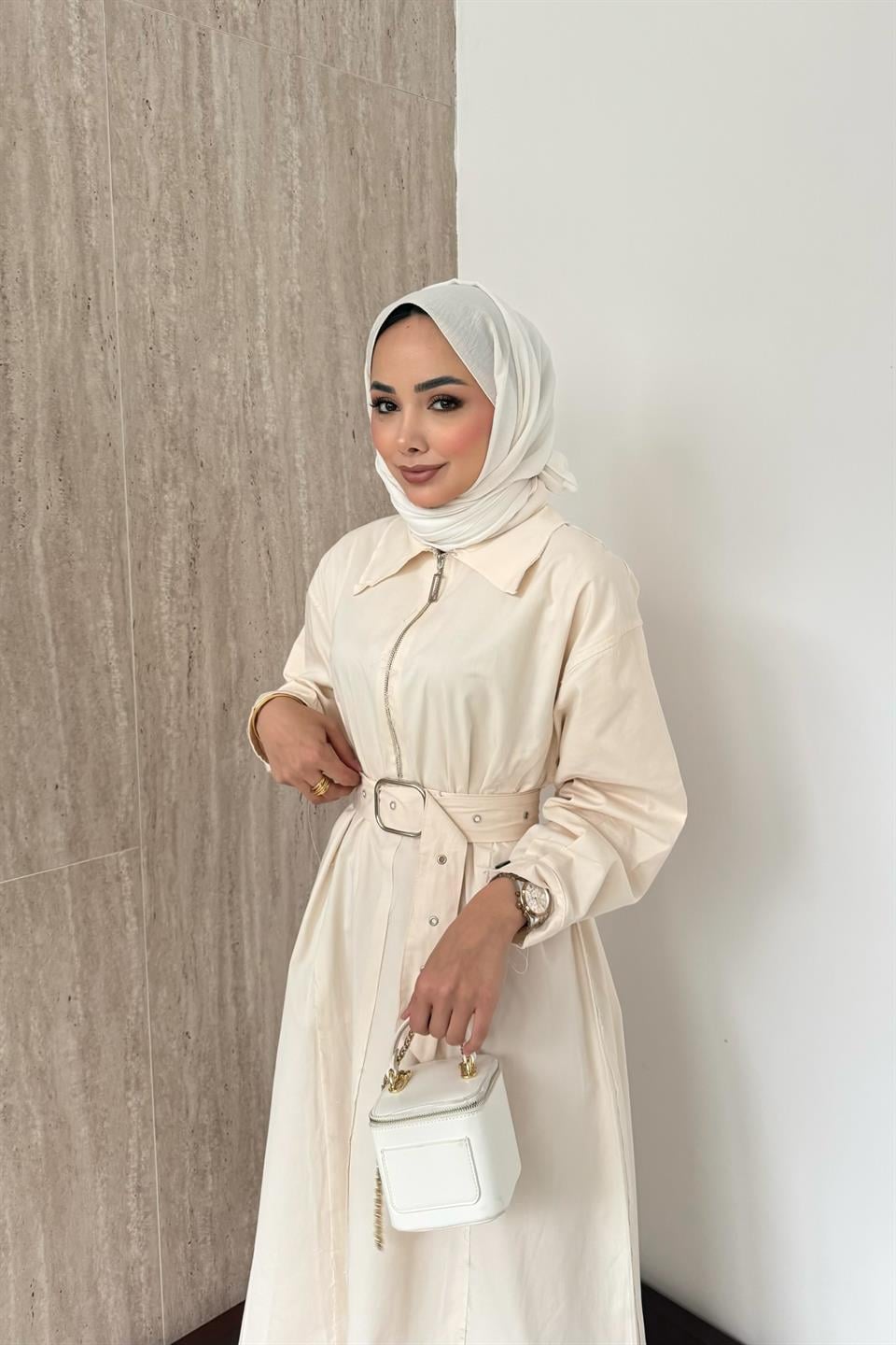 Fermuarlı Oversize Elbise - Krem