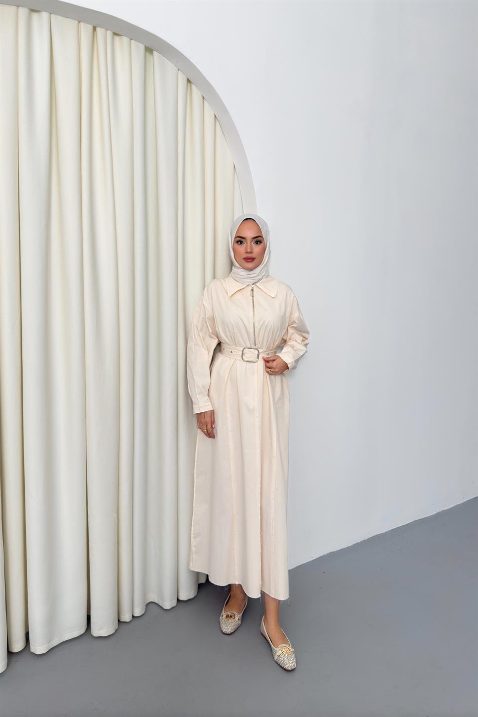 Fermuarlı Oversize Elbise - Krem