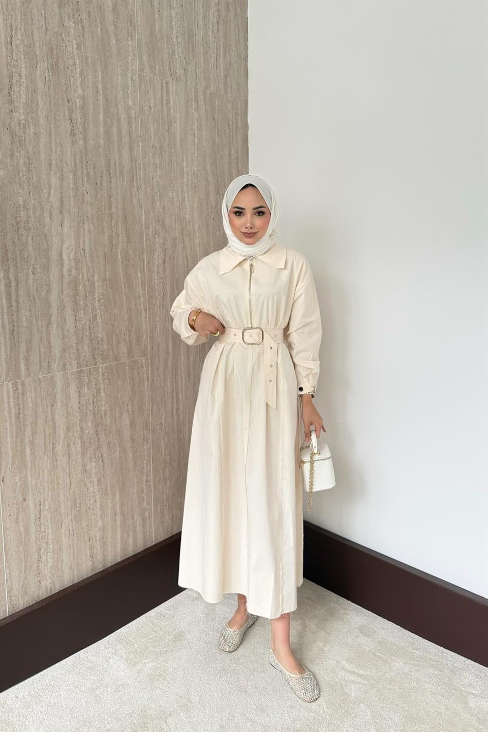 Fermuarlı Oversize Elbise - Krem
