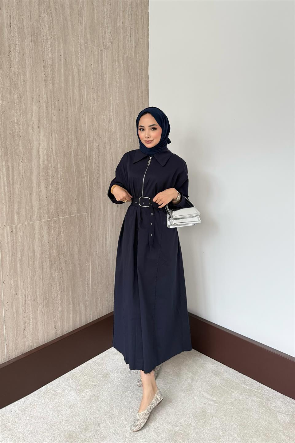 Fermuarlı Oversize Elbise - Lacivert