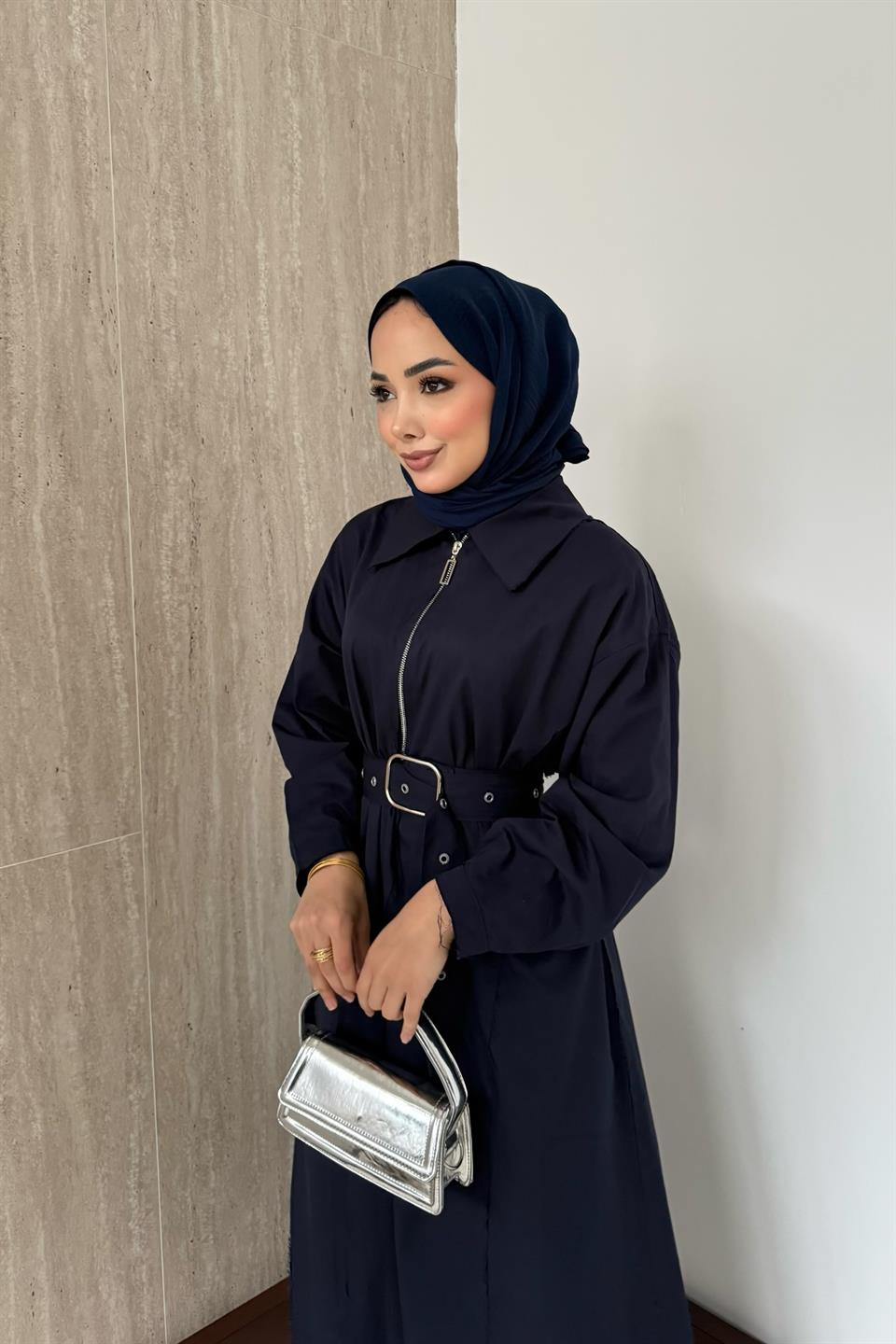 Fermuarlı Oversize Elbise - Lacivert