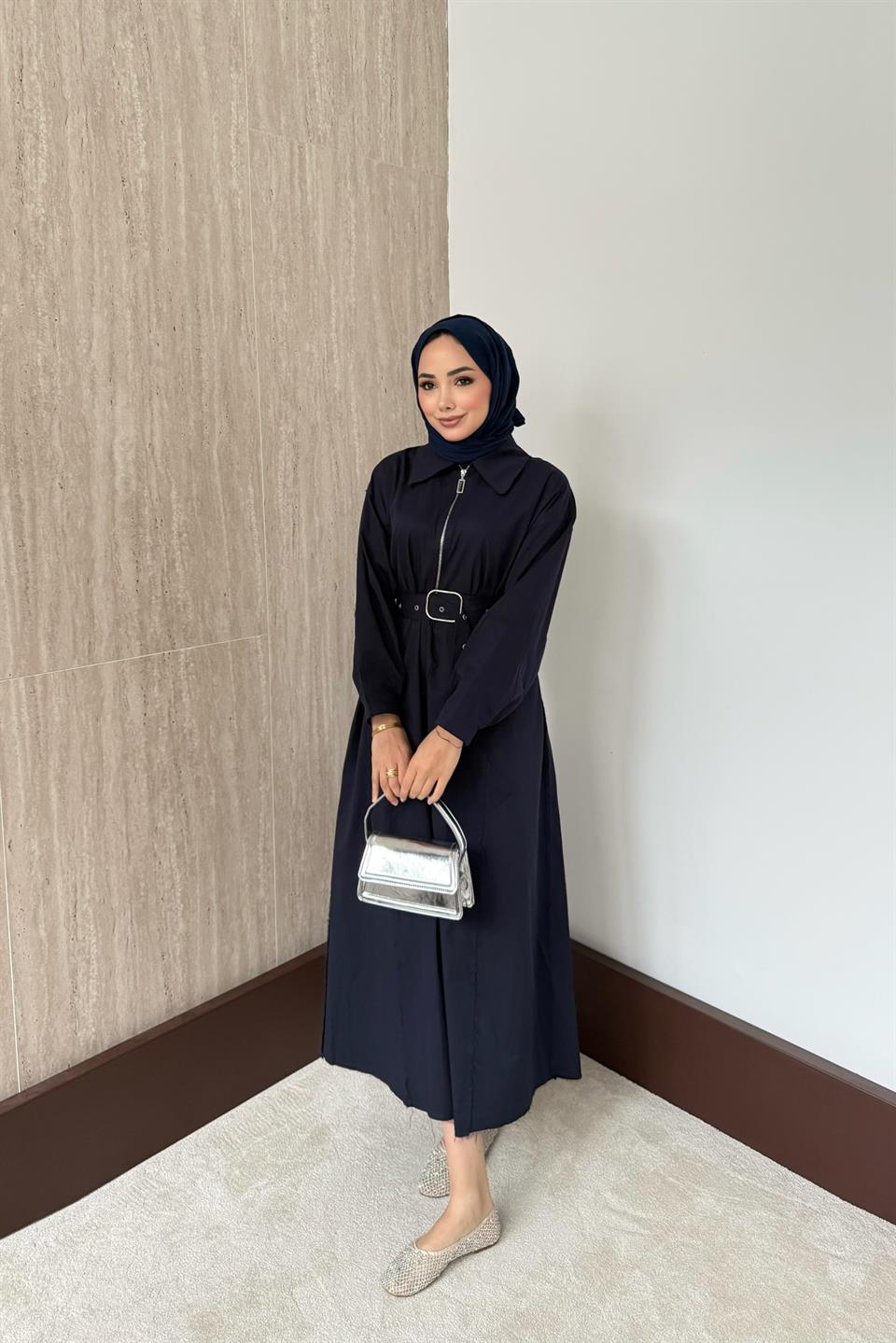 Fermuarlı Oversize Elbise - Lacivert