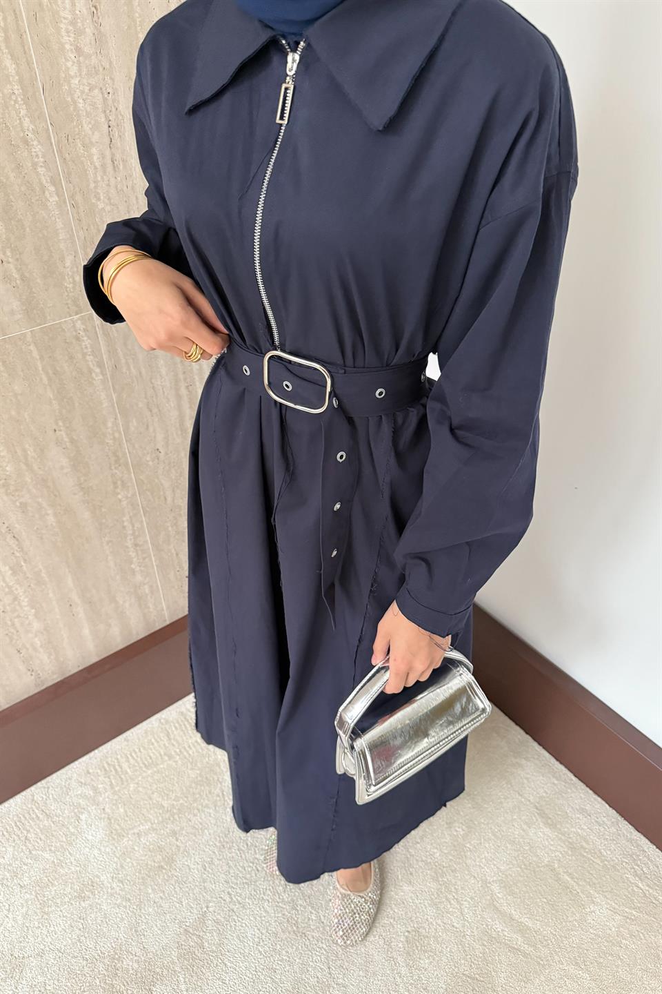 Fermuarlı Oversize Elbise - Lacivert