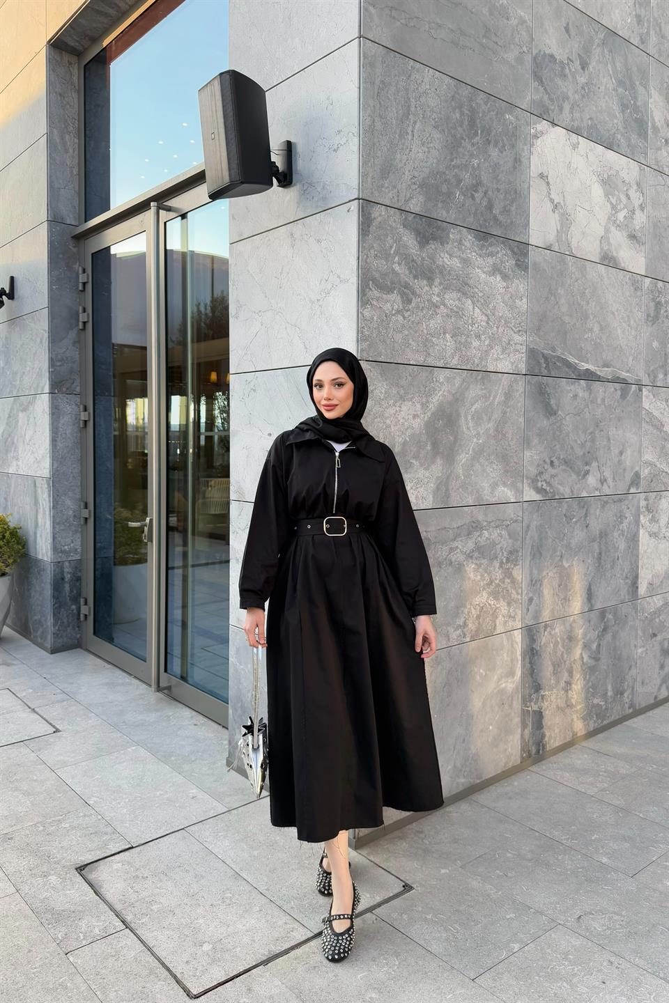 Fermuarlı Oversize Elbise - Siyah