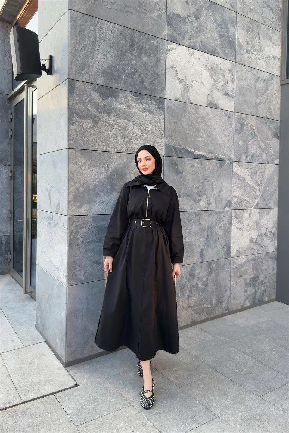 Fermuarlı Oversize Elbise - Siyah