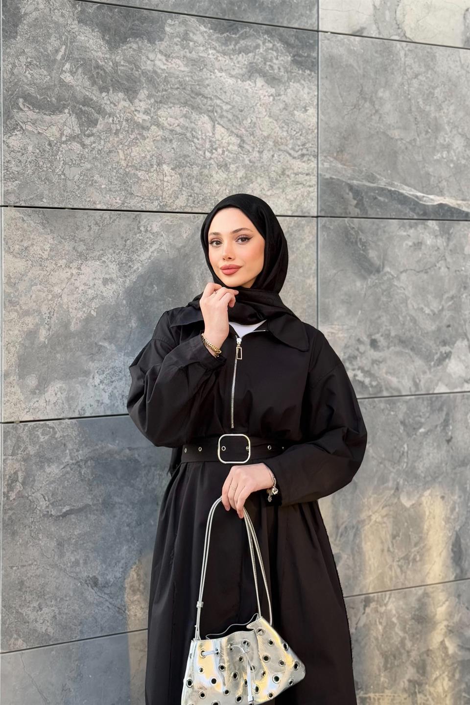 Fermuarlı Oversize Elbise - Siyah