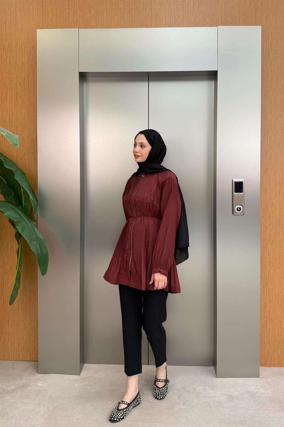 Zippered Pleated Trench Coat - Claret Red