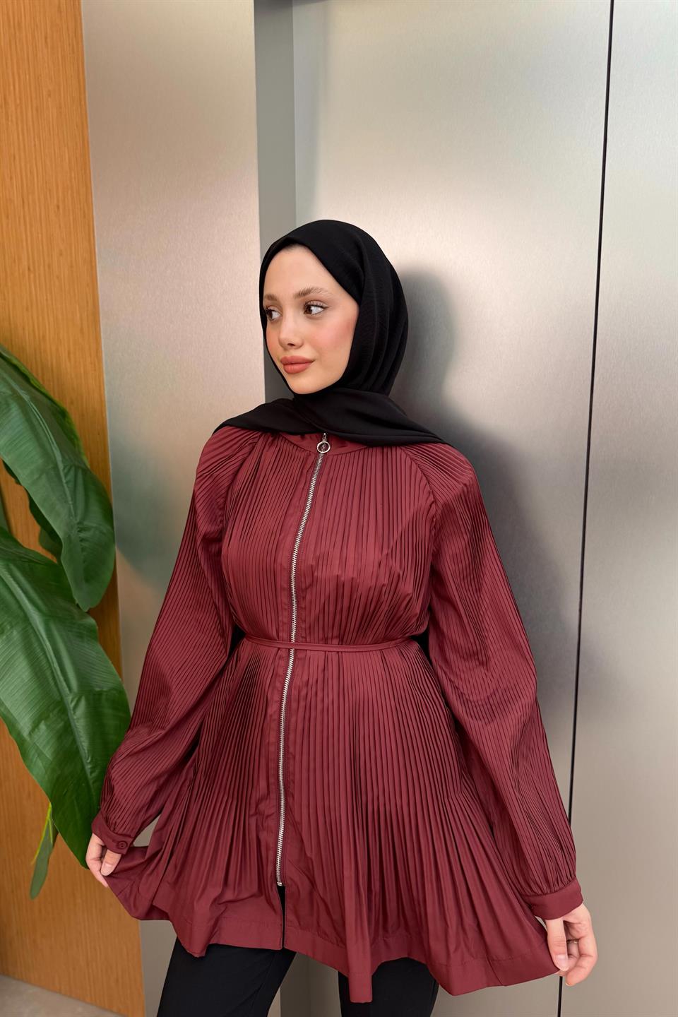 Zippered Pleated Trench Coat - Claret Red