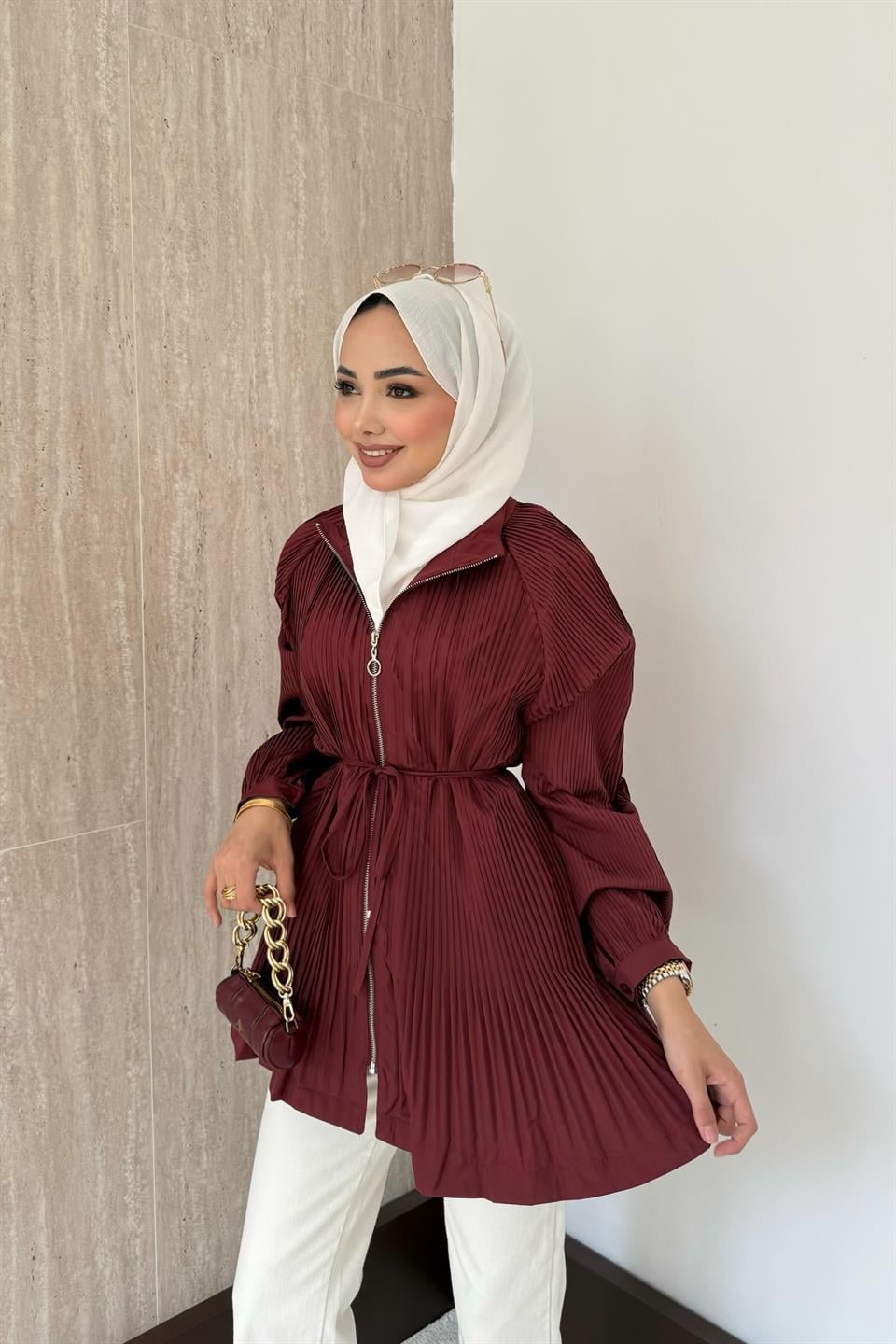 Fermuarlı Piliseli Trenç - Bordo