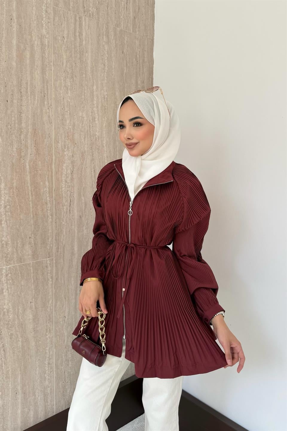 Fermuarlı Piliseli Trenç - Bordo