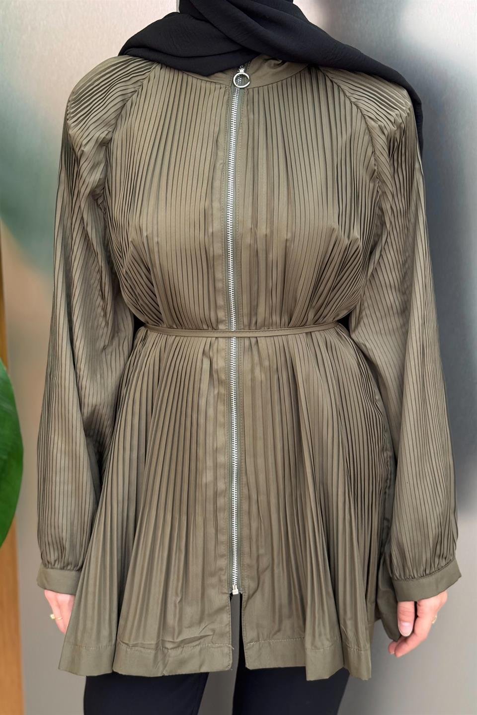 Zippered Pleated Trench Coat - Green