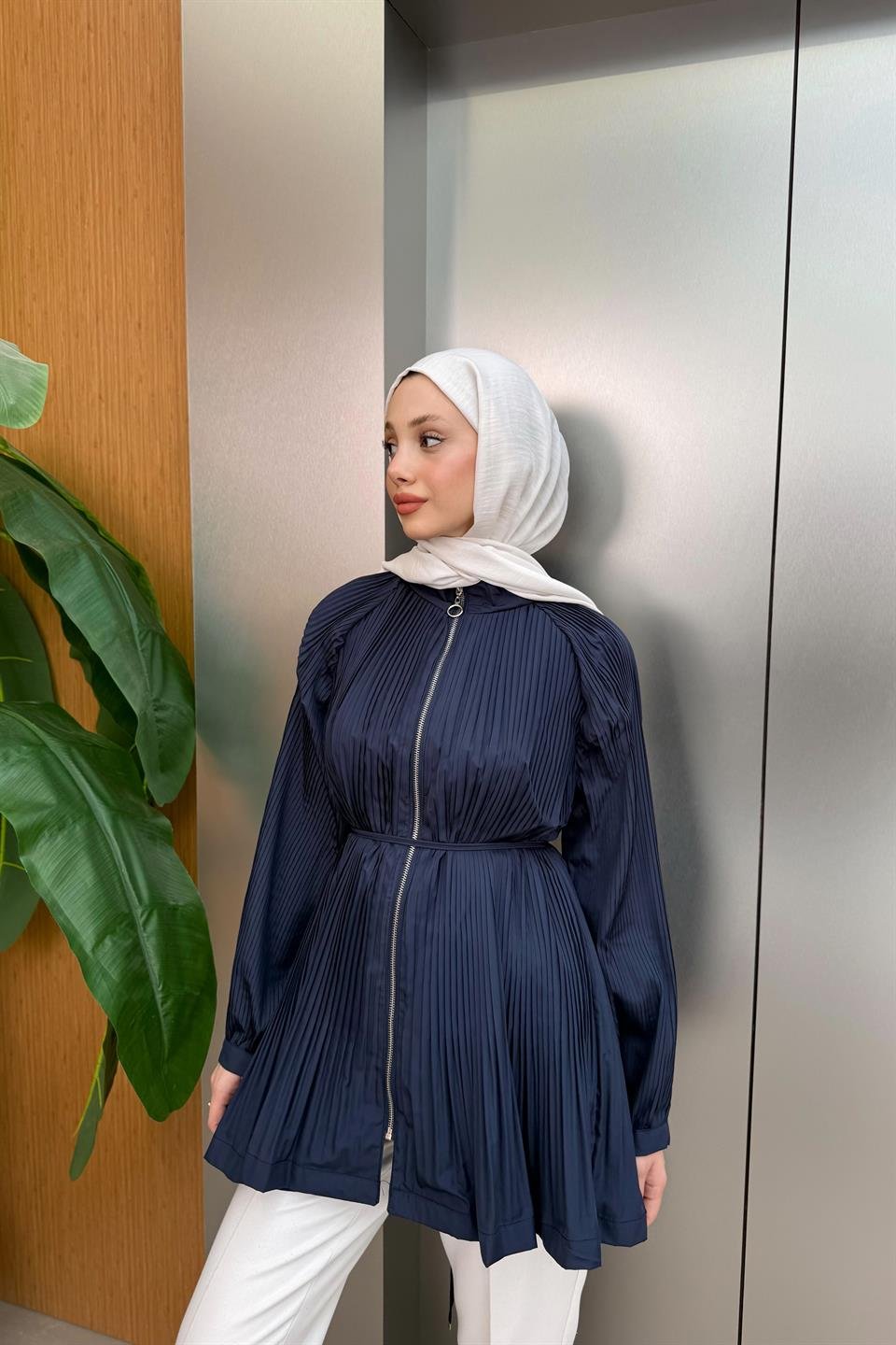 Zippered Pleated Trench Coat - Navy Blue