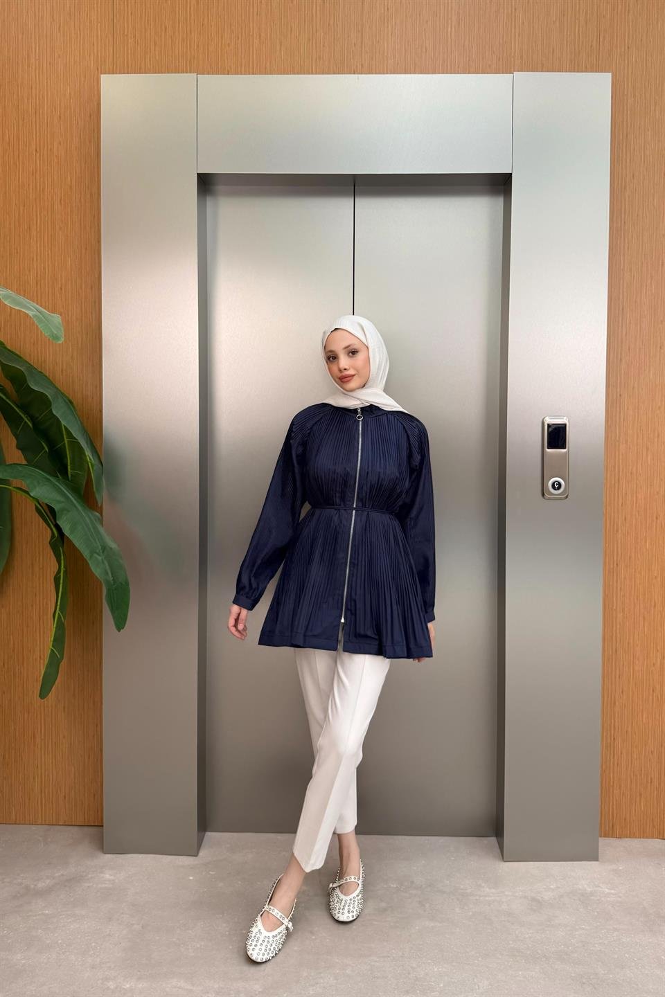 Zippered Pleated Trench Coat - Navy Blue