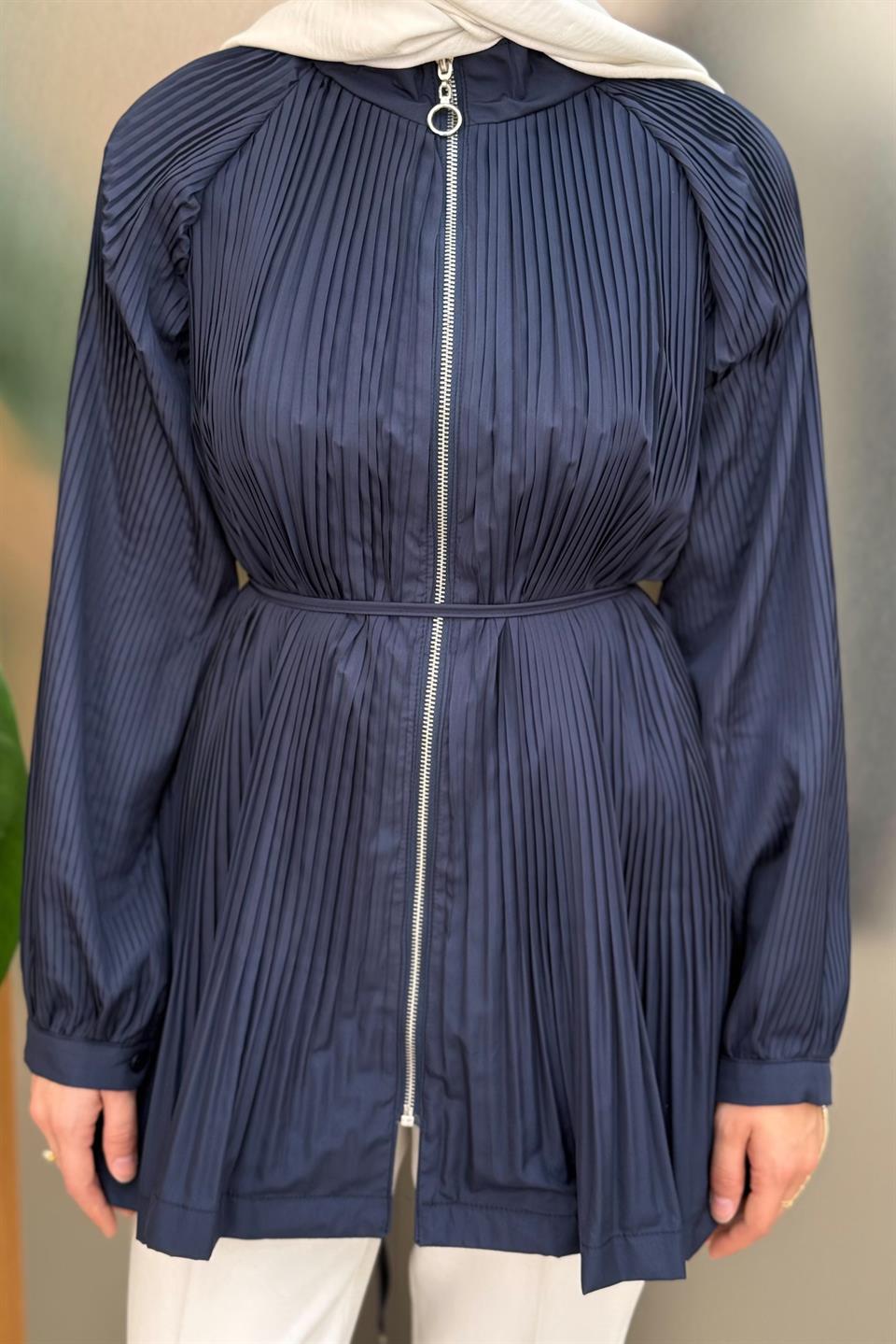 Zippered Pleated Trench Coat - Navy Blue