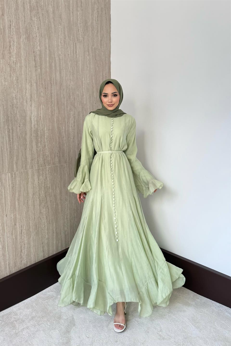 Fırfır Kol Düğmeli Vual Elbise - Çağla