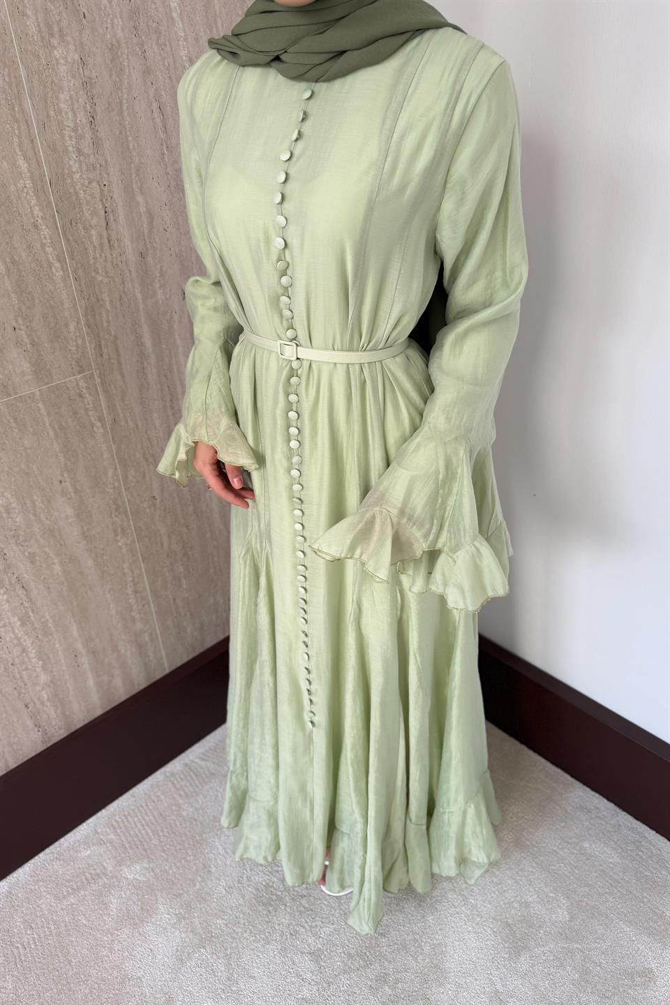 Fırfır Kol Düğmeli Vual Elbise - Çağla