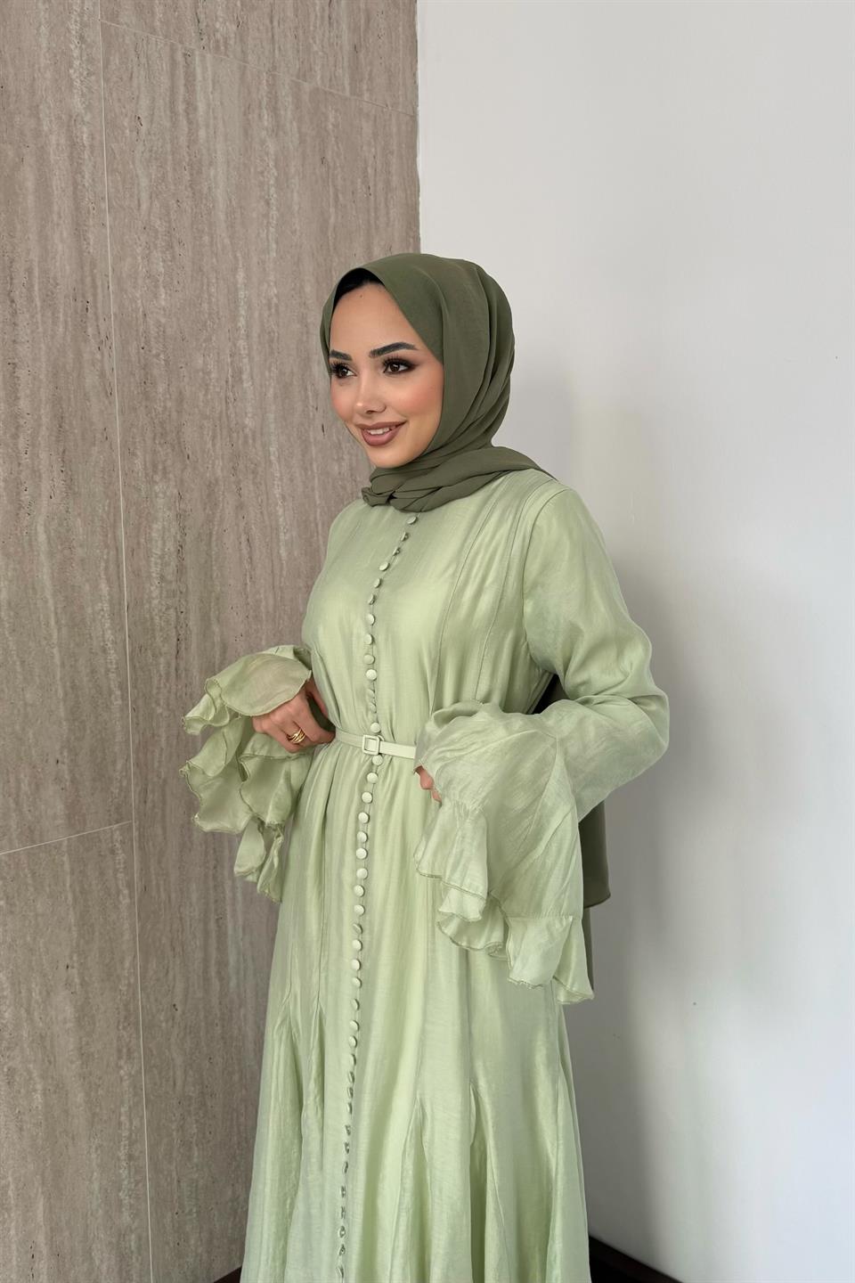 Fırfır Kol Düğmeli Vual Elbise - Çağla