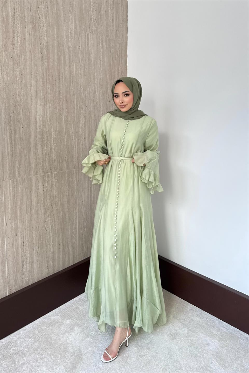 Fırfır Kol Düğmeli Vual Elbise - Çağla