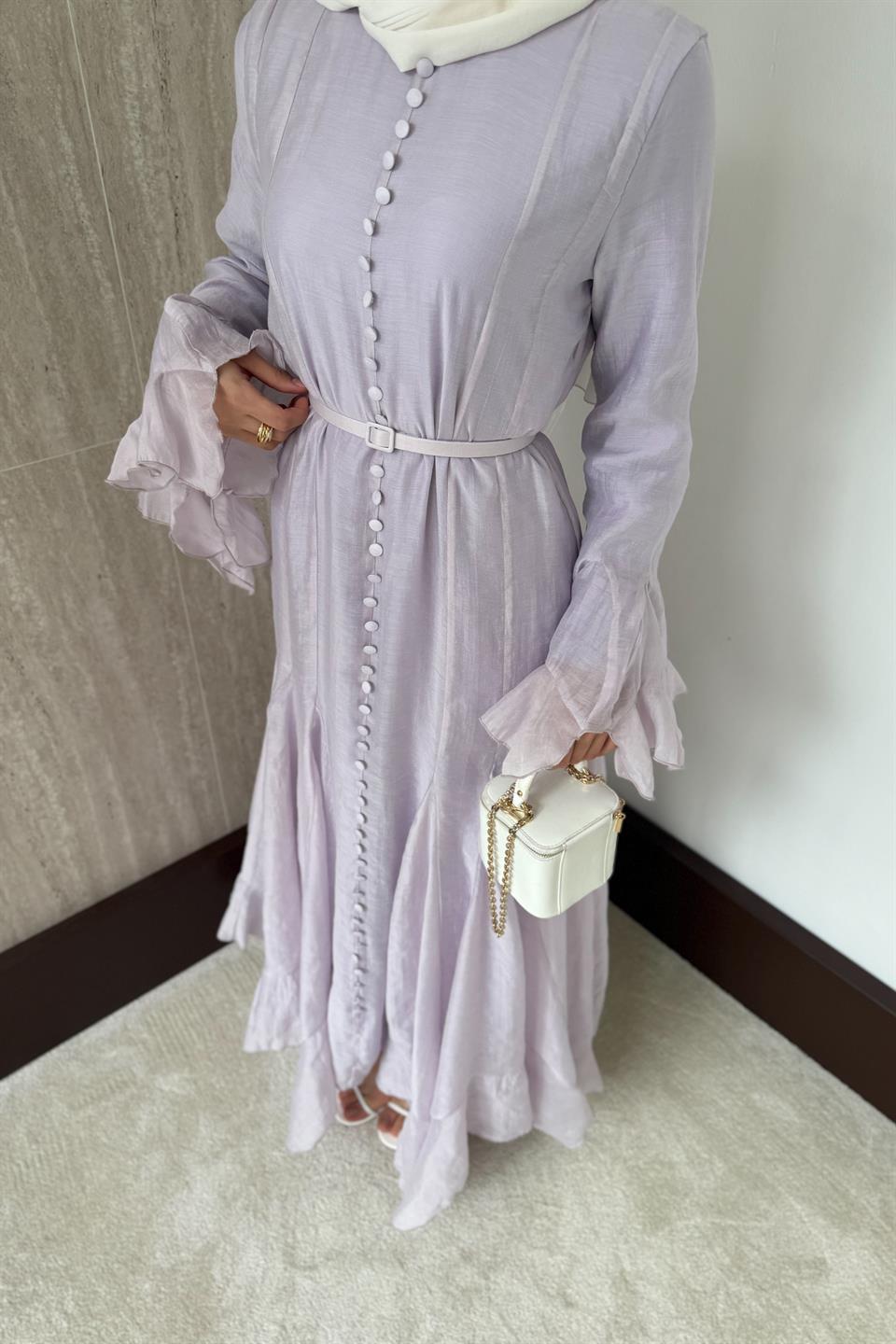 Fırfır Kol Düğmeli Vual Elbise - Lila