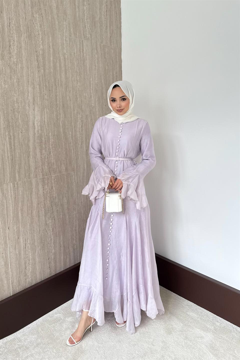 Fırfır Kol Düğmeli Vual Elbise - Lila
