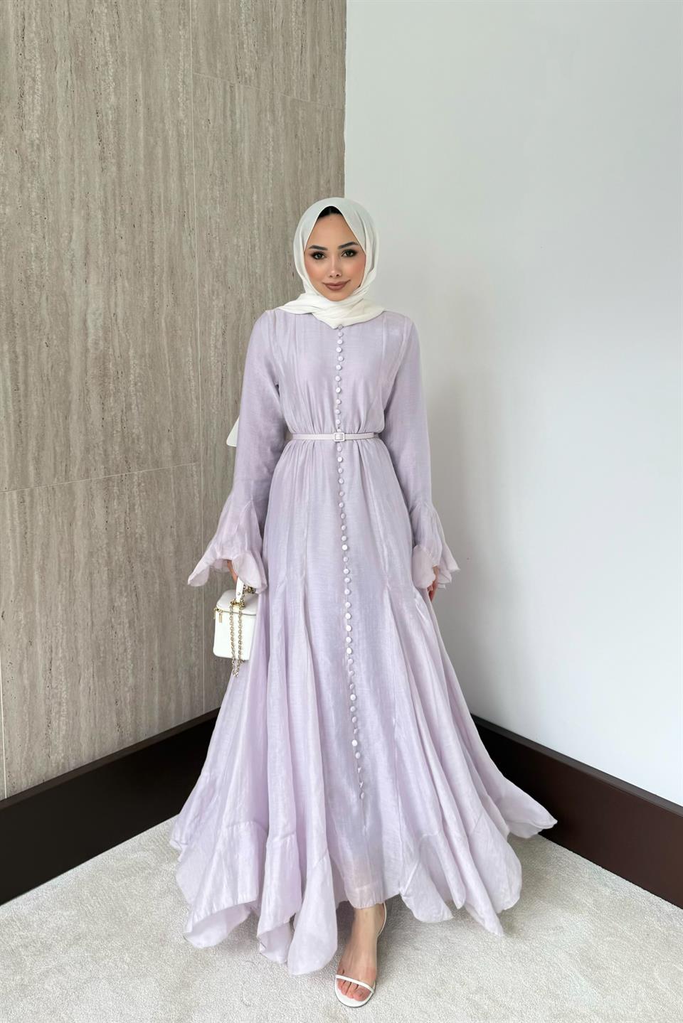 Fırfır Kol Düğmeli Vual Elbise - Lila