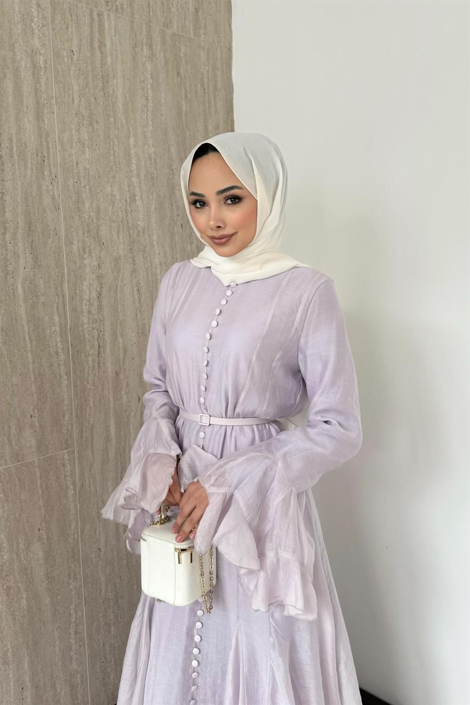Fırfır Kol Düğmeli Vual Elbise - Lila
